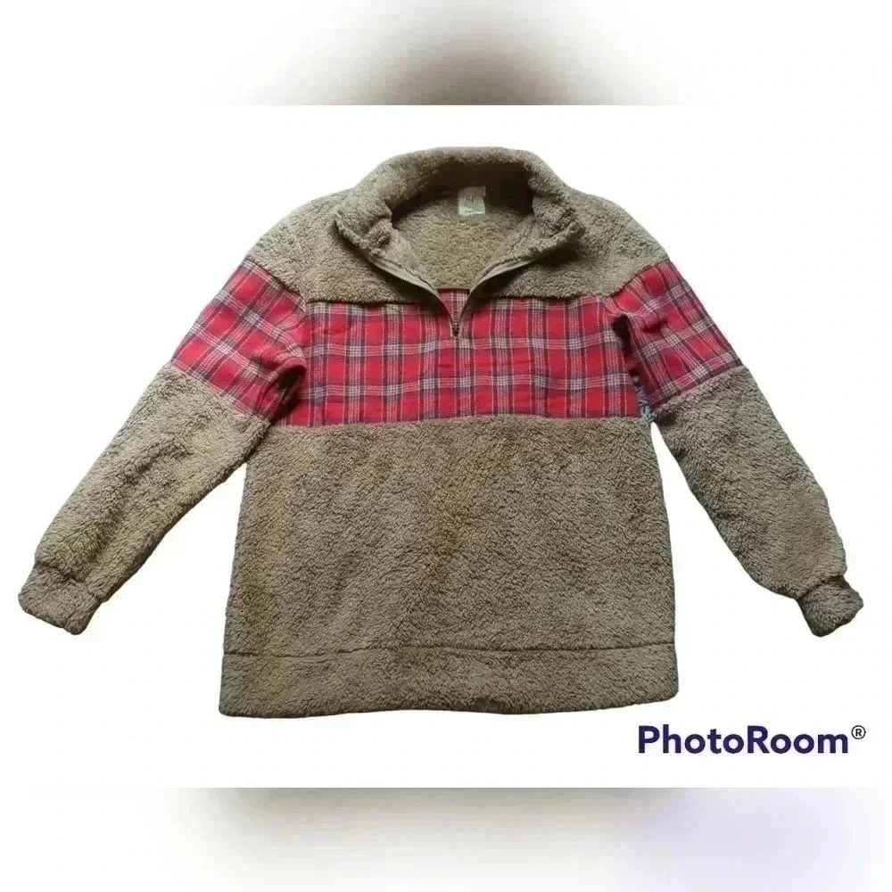 Grace & Emma Size Medium Brown/Red Oversized Pull Over Sherpa